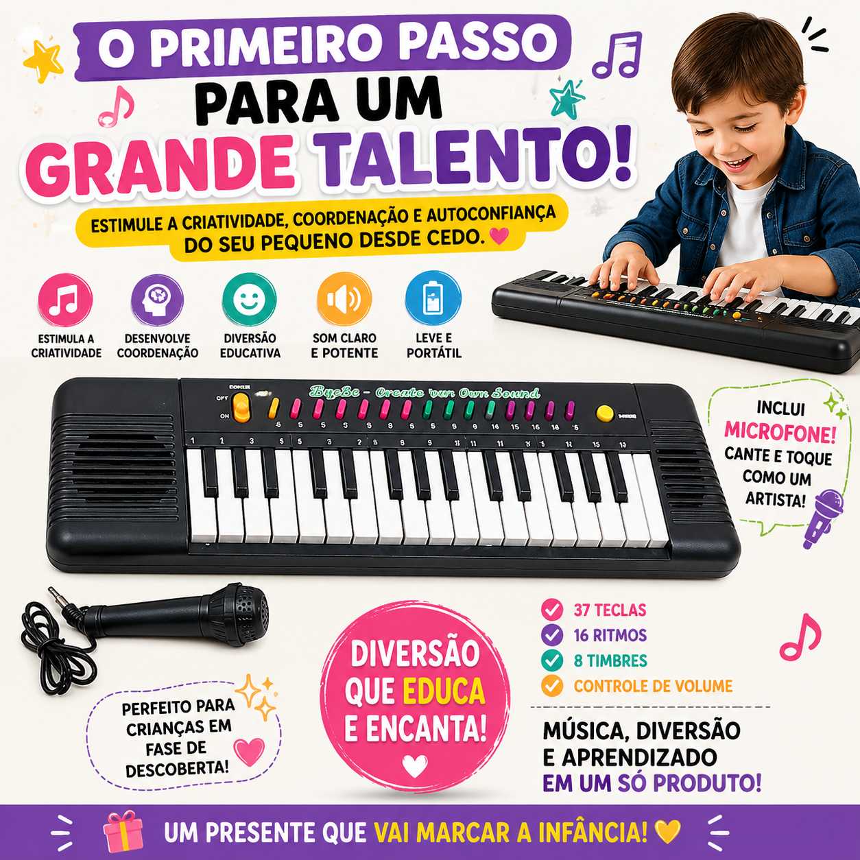 TECLADO PIANO MUSICAL INFANTIL COM MICROFONE KARAOKÊ