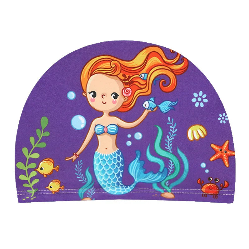 Touca de natação infantil com tecido elástico e desenho animado para piscina